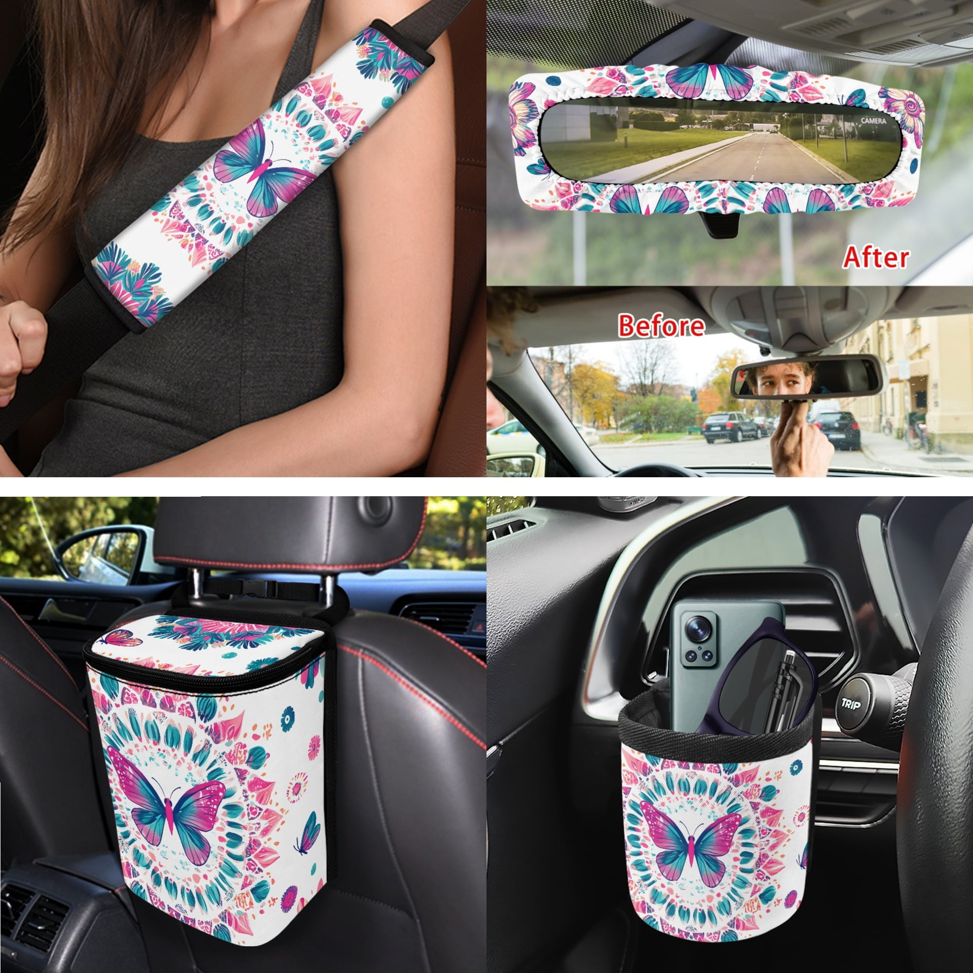 Yuyamidu Butterfly Car Seat Cover Full Set of 15 Flower Steering Wheel Cover Seat Belt Strap Cover Trash Can Rear View Mirror Cover Auto Coaster Wristlet Keychain Air Vent Storage Bag Car Decor