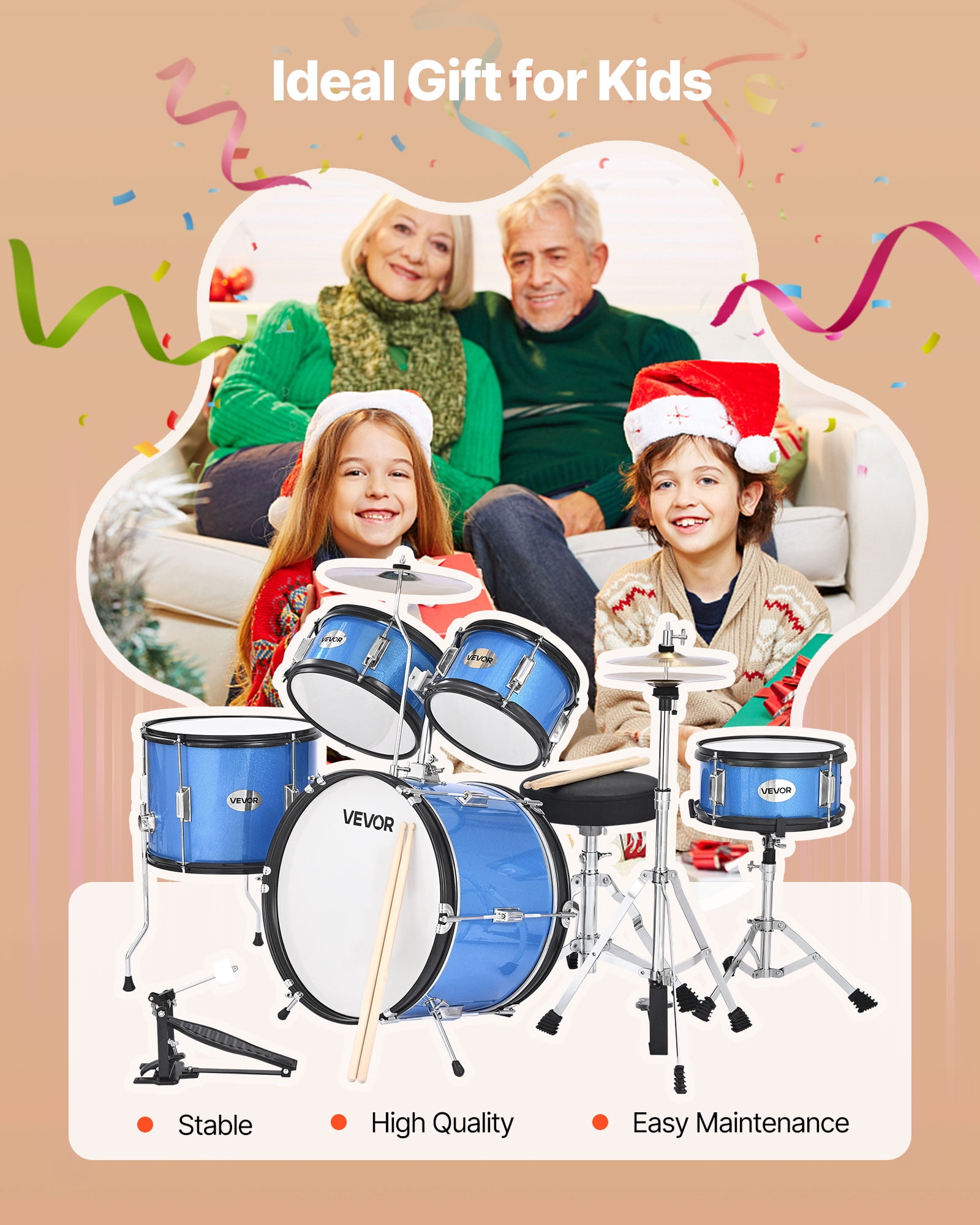 VEVOR Kids Drum Set, 5-Piece 16 in Junior Drum Sets, Beginner Drums Set with Adjustable Throne, Cymbal & Two Pairs of Drumsticks, Musical Learning Drums Kit(Blue)