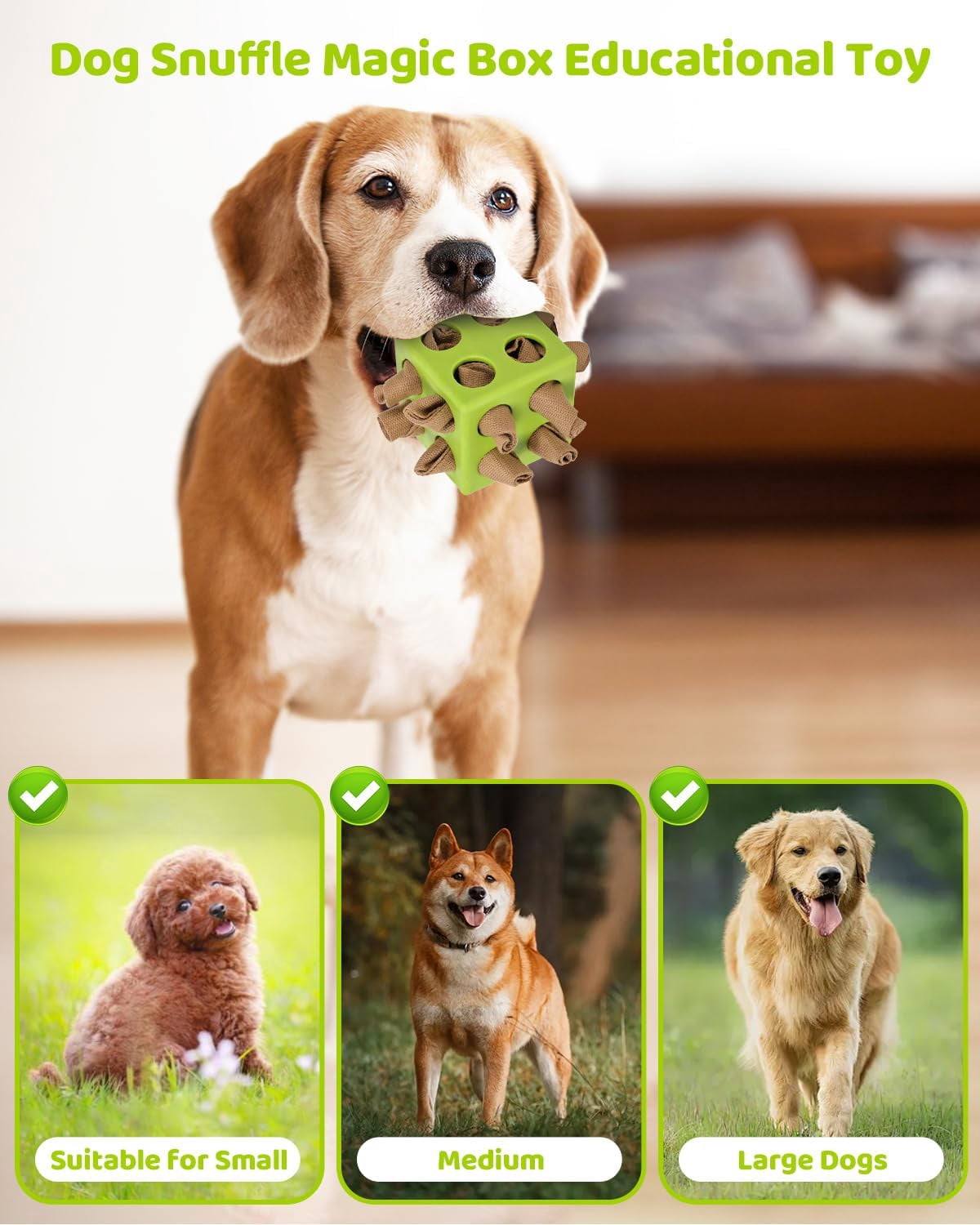 Interactive Dog Puzzle Toy for Natural Foraging Skills, Durable Snuffle Cube with Cloth Strips for Hide & Seek Treats, Slow Feeder for Mental Stimulation and Stress Relief in Green
