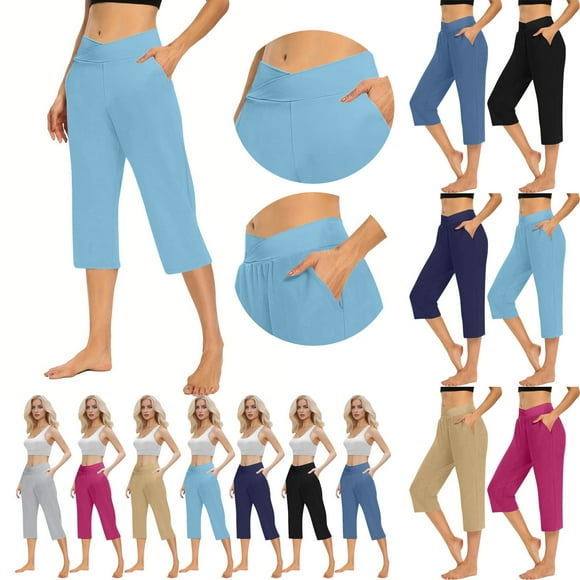 CFLVAEK Plus Size Women's Capri Pants with Pockets Comfy Elastic Waist Capris Loose Fitting Wide Leg Cropped Pants Solid Color Summer Lounge Pants 2025 Navy XXXL