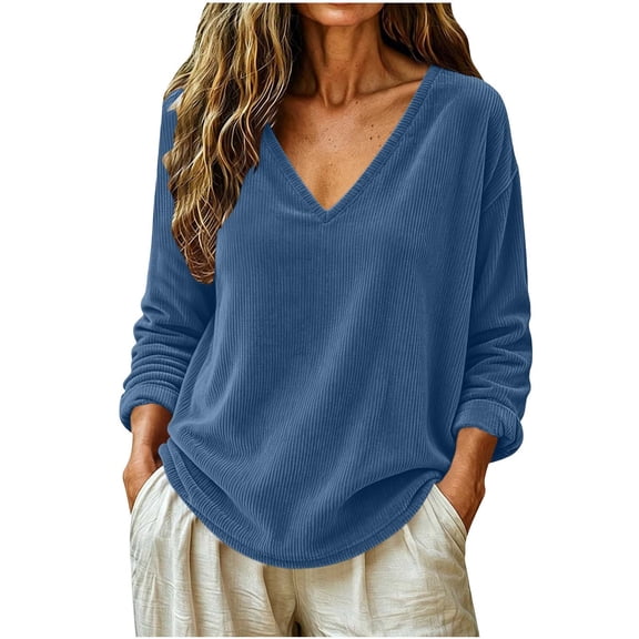 SAWOBUUN Women V Neck Long Sleeve Corduroy Top Casual Loose Fit Solid Pullover Shirt for Fall Winter