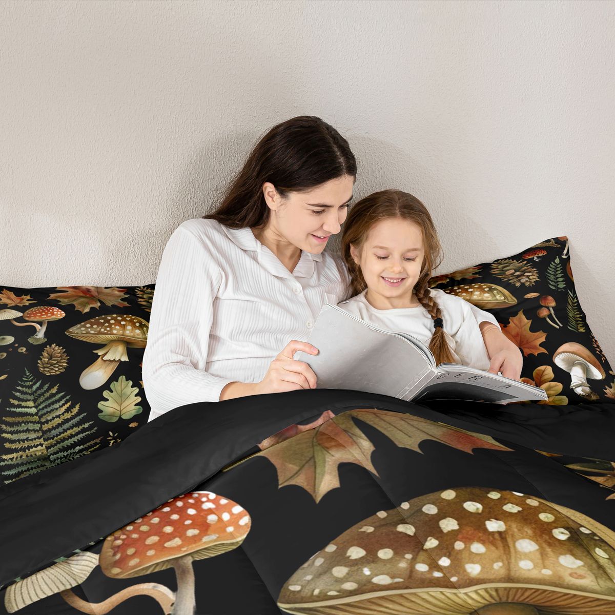 Homewish Country Fungus Mushroom 7-Piece Twin Bedding Sets,Autumn Maples Leaves Bedding Comforter Set,Rustic Plant Sheet Sets For Men Women,Super Cozy Room Decor Reversible