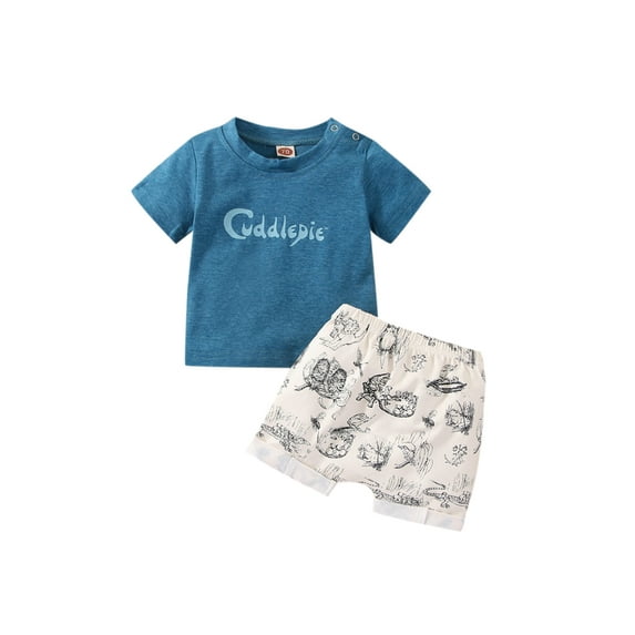 hirigin Baby Shorts Set Letter Print Short Sleeve Round Neck T-Shirt + Cartoon High Waist High Stretch Shorts Cute Two-piece Set