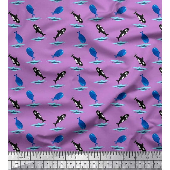 Soimoi Polyester Crepe Fabric Waves,Whale & Dolphin Ocean Print Fabric by The Yard 42 Inch Wide