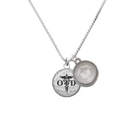 Block Menorah - Silvertone Domed Black OTD - Happy Hanukkah Menorah Necklace
