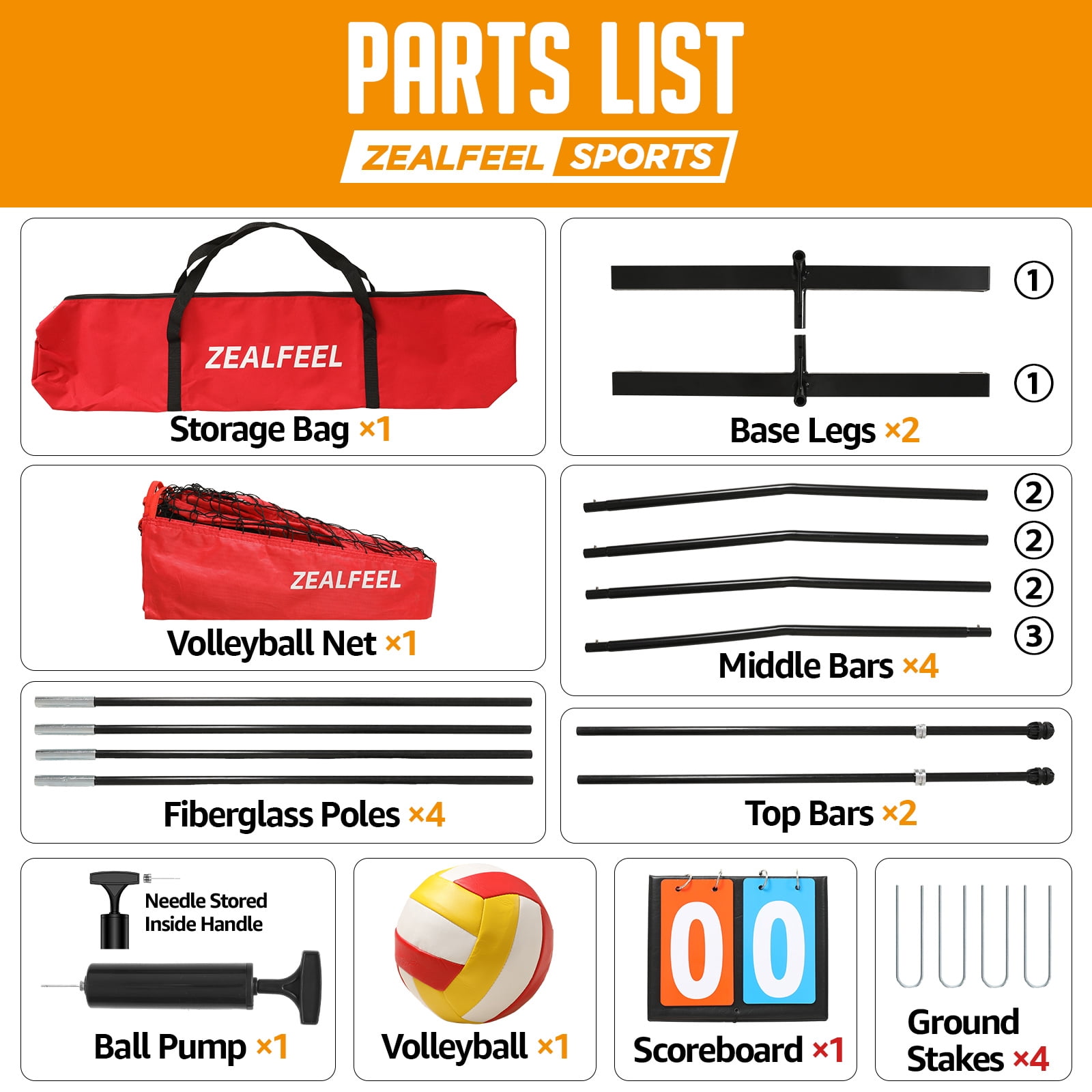 Zealfeel 12ft Volleyball Net Set: Height Adjustable Freestanding Training Net for Backyard & Outdoor Use. Includes All Accessories and Carry Bag