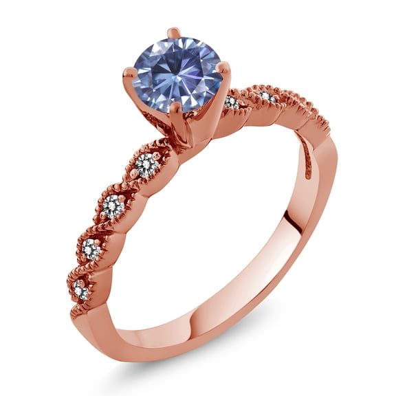 Gem Stone King 18K Rose Gold Plated Silver Ring Round Persian Blue Moissanite and Diamond White (0.94 Cttw, Size 9)