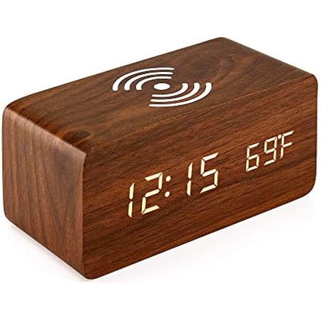 Alarm Clock with Qi Wireless Charging Pad Compatible with iPhone Samsung Wood LED Digital Clock Sound Control Function, Time Date, Temperature Display for Bedroom Office Home- Brown
