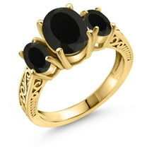 Gem Stone King 18K Yellow Gold Plated Silver Black Onyx 3 Stone Ring for Women (2.41 Cttw, Gemstone Birthstone, Available in Size 5, 6, 7, 8, 9)