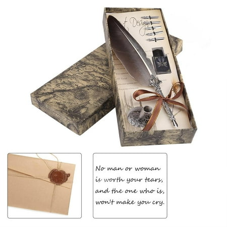 Yosoo English Calligraphy Feather Dip Quill Pen Writing Ink Set Stationery Gift Box with 5 Nibs, quill pen, feather dip