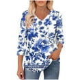 thumbnail image 5 of CYMMPU Floral Printed 3/4 Length Sleeve Summer Fall Vintage Shirts Basic Tees Business Work Blouses V-Neck Plus Size Tunic Tops 2025 Clothes for Women Blue M, 5 of 8