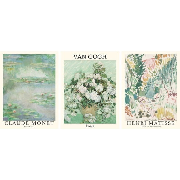 FCCUYE Sage Green Canvas Framed Wall Art Set Of 3 Matisse Van Gogh Monet Flower Prints 12x16 Wall Decor Large Mid Century Modern Aesthetic Over Bed Poster Painting Master Bedroom Living Room