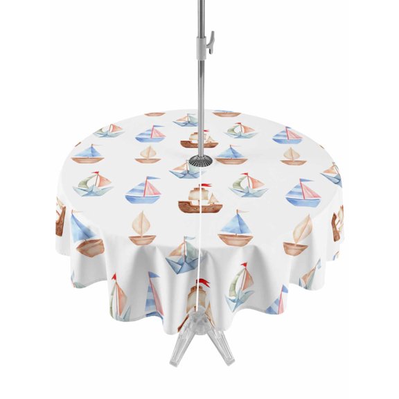 Outdoor Tablecloth with Umbrella Hole Zipper Coastal Sailing Boats Round Tablecloth 54" Waterproof Table Cloth Navy Blue Gray Nautical Watercolor Patio Table Cover Tablecloths for Picnic Party