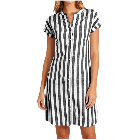 Iyufng Casual Dresses for Women Summer V-Neck Striped Short Sleeve Button Down Dress