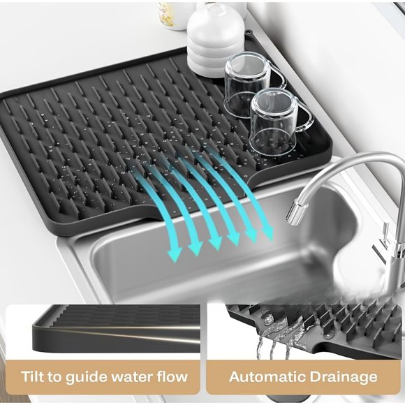 Tapete de secado de cocina de silicona antideslizante, 15.75" x 12.6" con drenaje incorporado, resistente al calor y fácil de limpiar for encimeras, fregaderos y refrigeradores