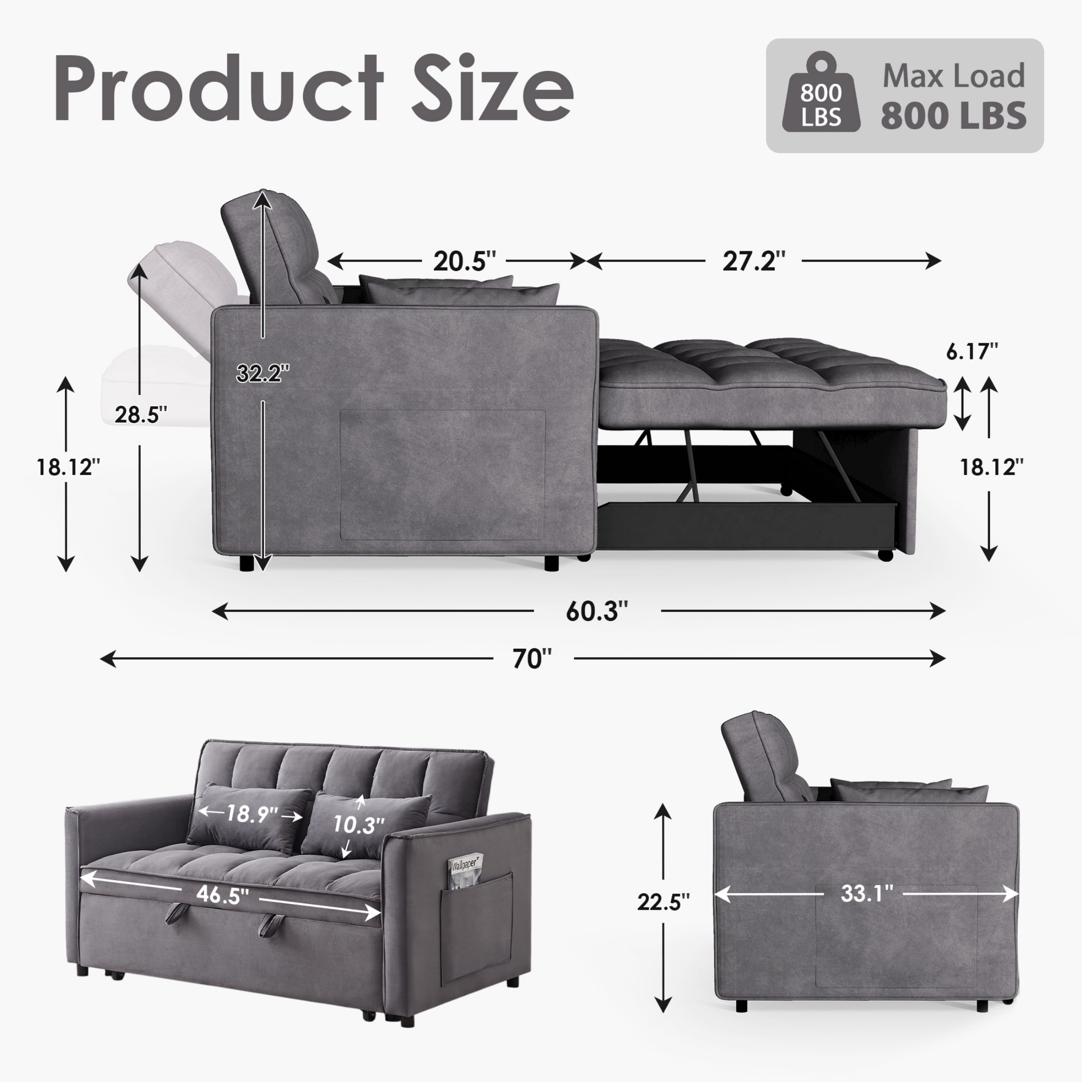 Anpport 3-in-1 Convertible Sleeper Sofa Bed, Pull-Out Loveseat Couch with Adjustable Back for Small Spaces, Velvet Fabric, 55", Dark Gray