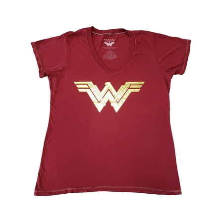 Junior Women DC Wonder Woman Burgundy Gold Foil Logo Cotton T-Shirt Shirt XL