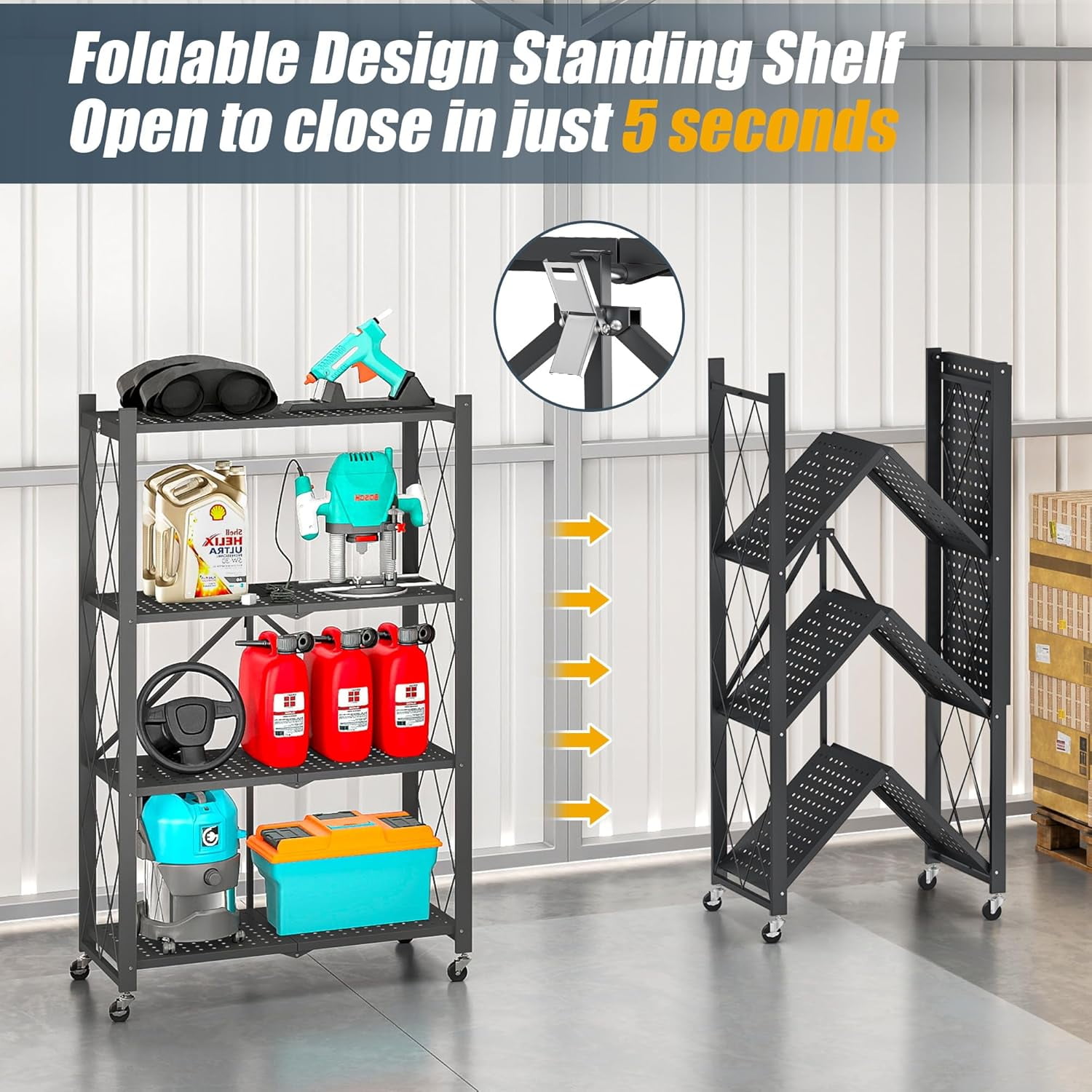 GVDV 4-Tier Metal Storage Shelf,28"Wx13"Dx 49"H Foldable Shelving Unit with Wheels for Garage, Kitchen