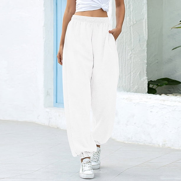 Pantalones de color sólido de las mujeres de la moda Bolsillo elástico de la cintura Pantalones de c Abanopi Blanco/Grande