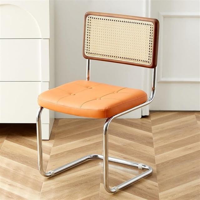Stool, Retro Dining Chairs with Rattan Backrest Rattan Chair with Stainless Steel Frame Faux Leather Dining Chairs for Kitchen Living Room Dining Room(Orange)