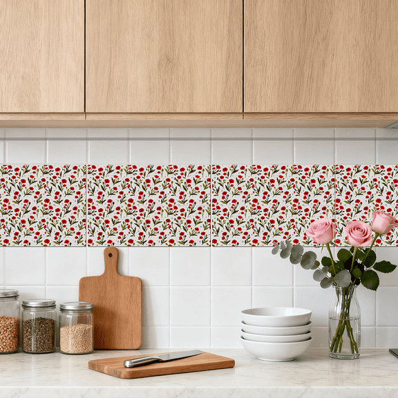 36 Pcs Seamless Red Flowers Style Patten Tile Sticker Wall Tile Stickers Waterproof Self Adhesive Stick on Decals for Kitchen Bathroom Wall Art
