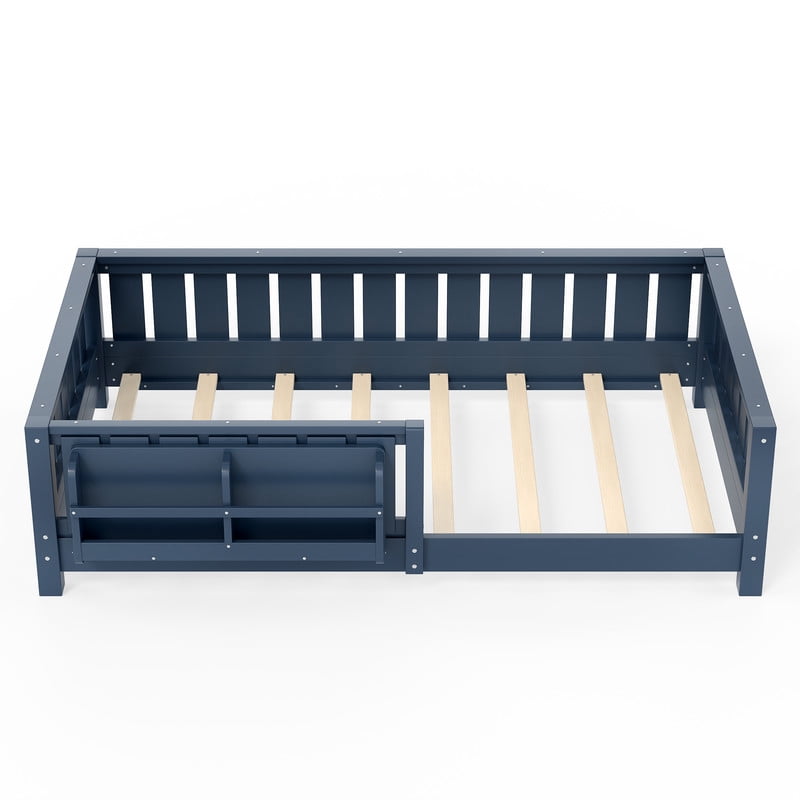 URTR Twin Size Montessori Floor Bed with Storage Bookshelf and High-Quality Safety Guardrail, Wooden Twin Floor Bed Frame, Wooden Platform Bed, Low Profile Twin Bed with Fence and Headboard, Blue