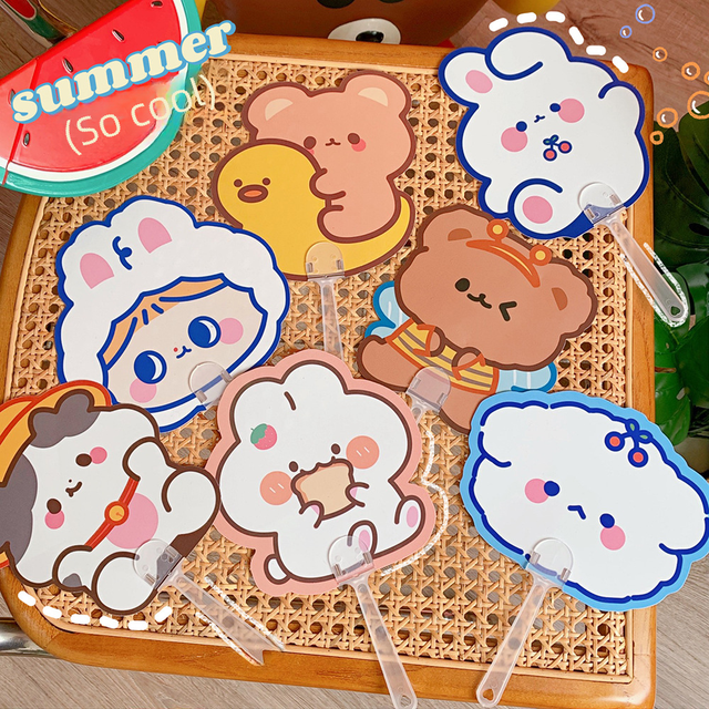 Abanico pequeño de dibujos animados, lindo abanico de verano, mini abanico con asa, abanico portátil de plástico, abanico de mano