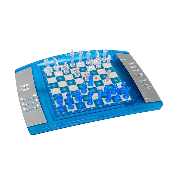 Lexibook ChessLight®, juego de ajedrez electrónico con teclado sensible al tacto y efectos de luz y sonido, 32 piezas, 64 niveles de dificultad, batería o enchufe, azul/gris, LCG3000