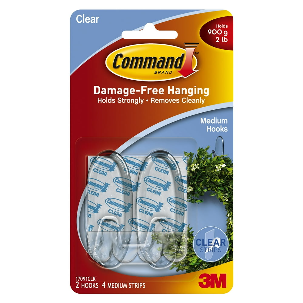 3M Command Hooks, Medium, Clear, 2/Pkg.