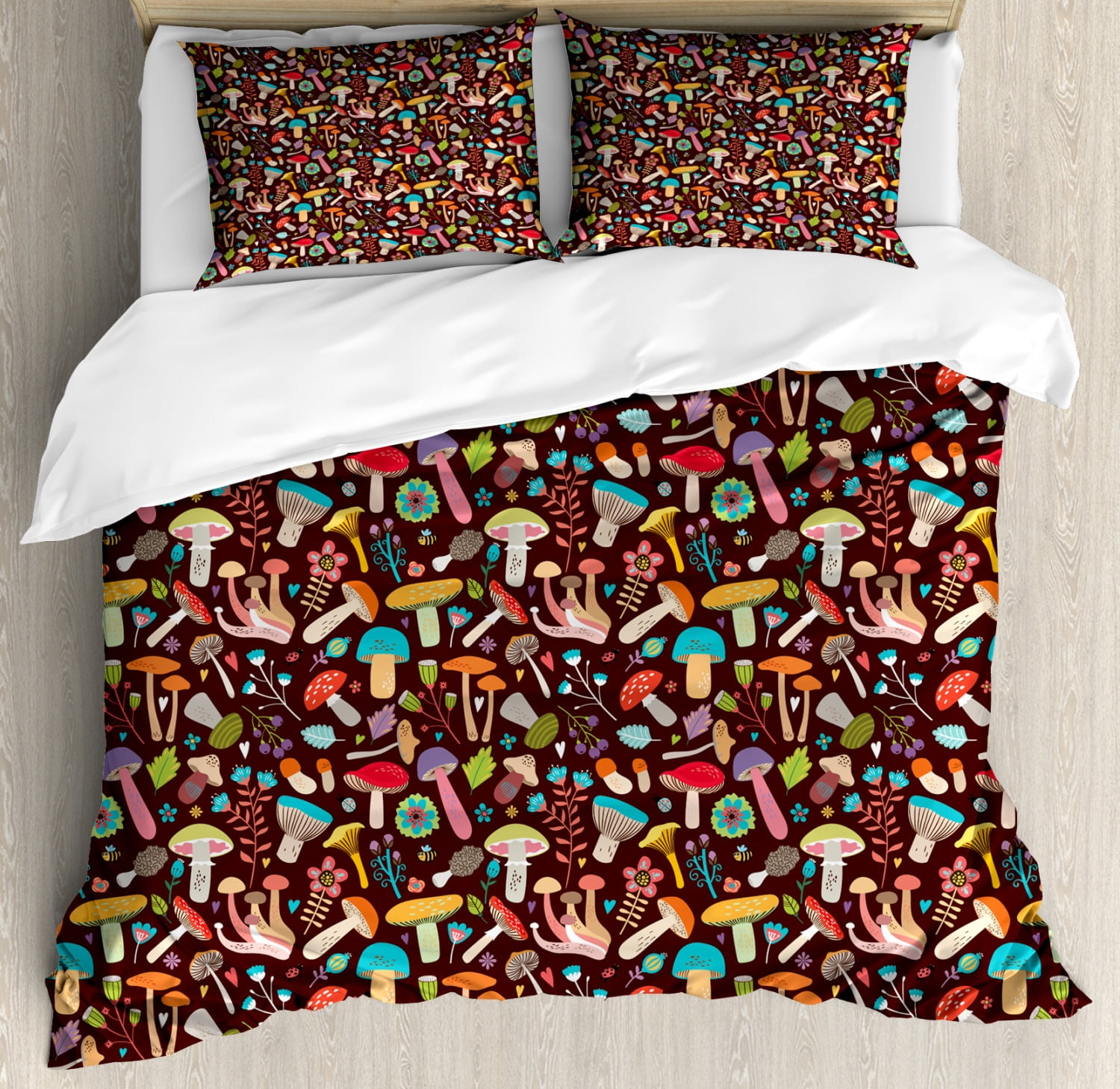 Nature Duvet Cover Set With Pillow Shams Mushrooms Wild Organic Print