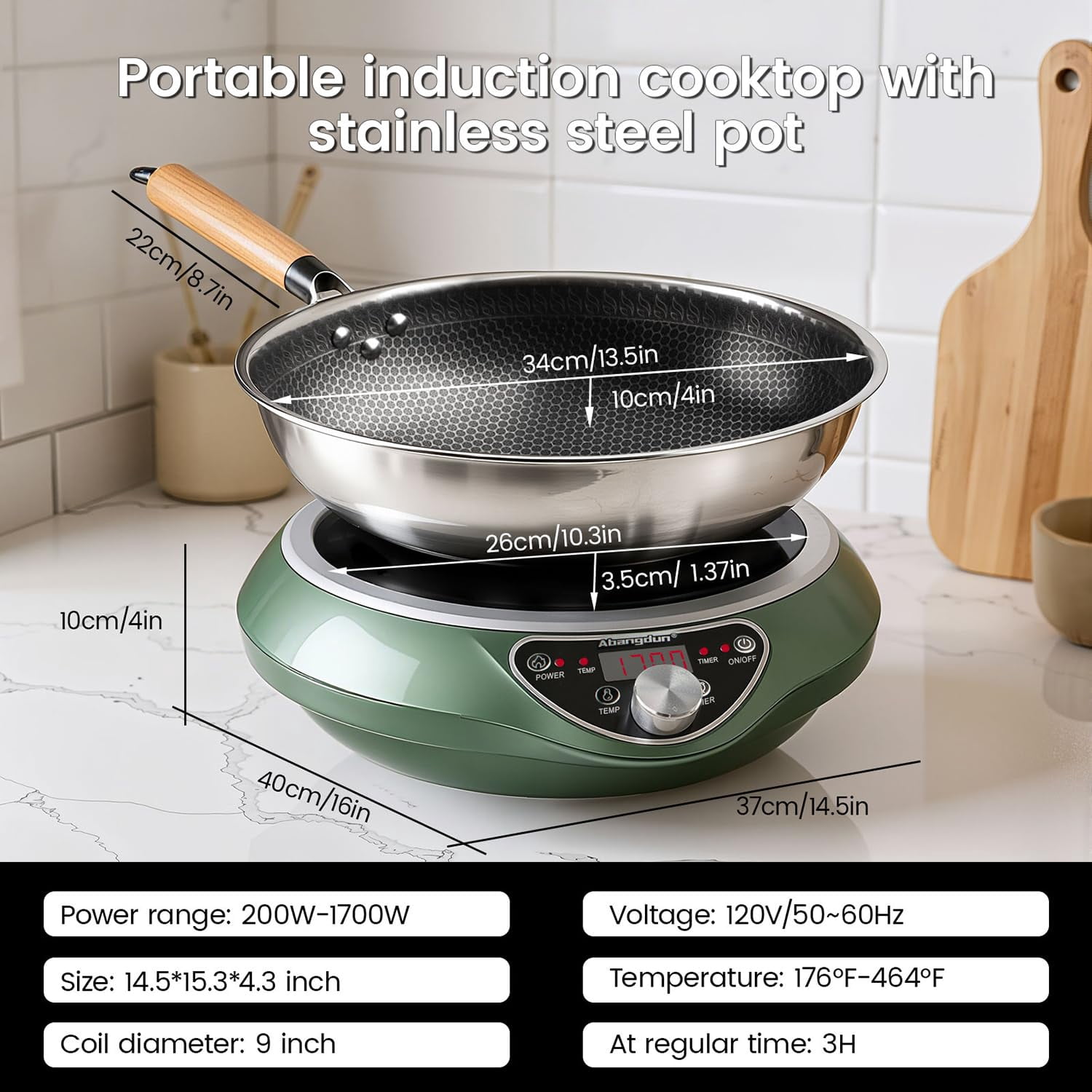 Abangdun 1700W 85V~120V Induction Cooktop with 13' Stainless Steel Wok Pan Electric Burner 1.06″ Curved Surface Concave 18h Timer Real Precise Power/Temp Ctrl 16 Watts 200~1700 No Pulsing on/off when