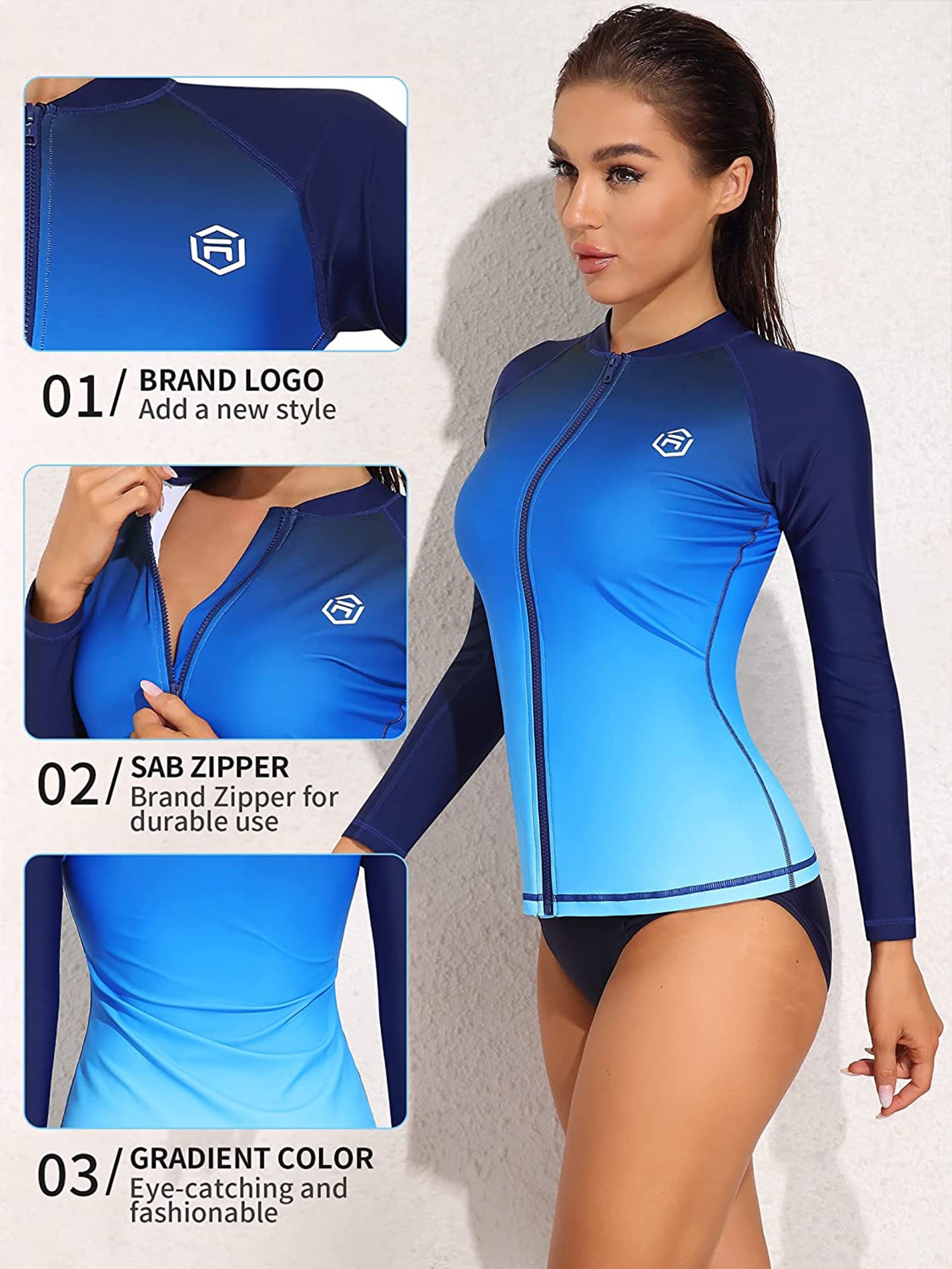 Asoul Women's Plus Size Rash Guard Color Block Long Sleeve Zip Front Swim  Shirt UPF 50+ 