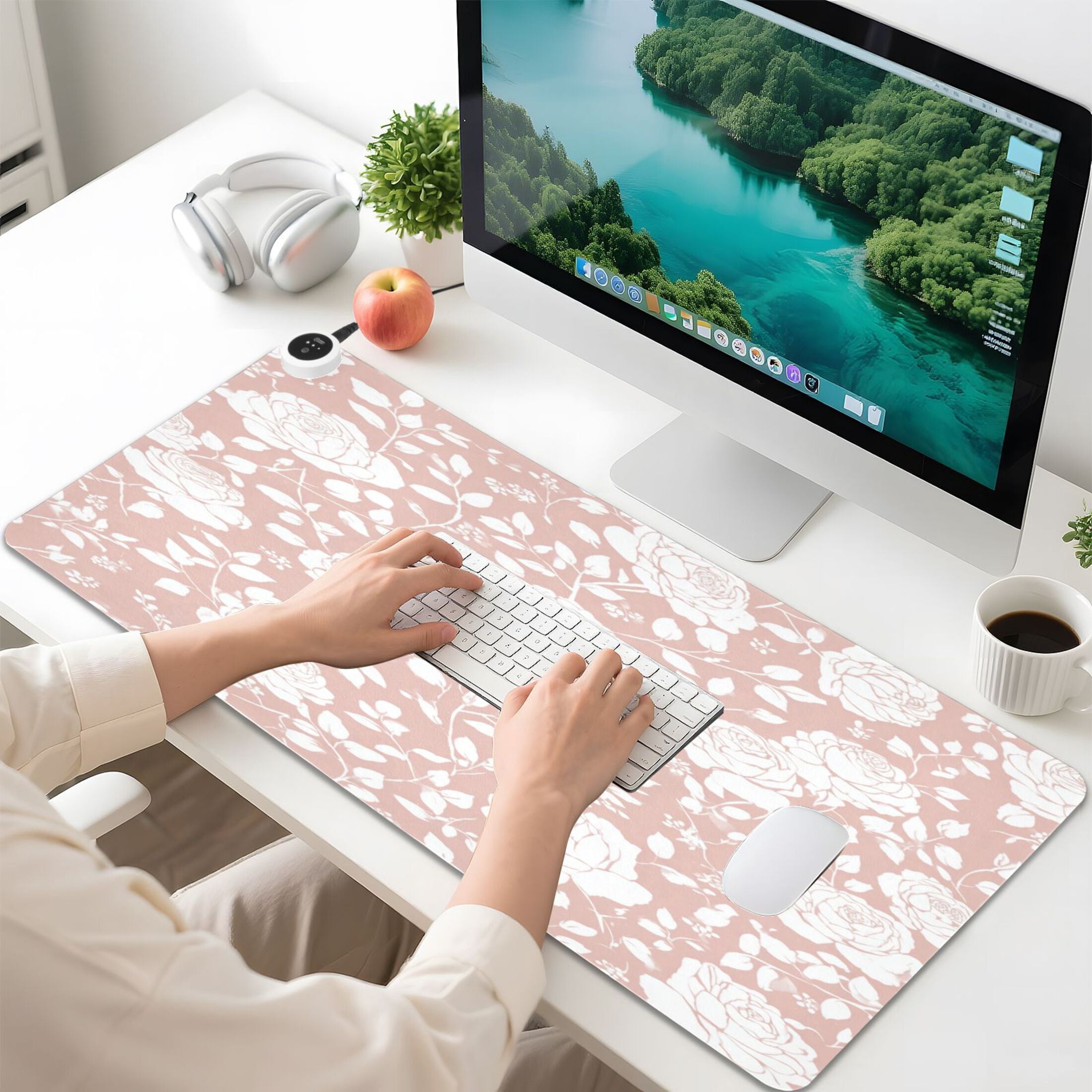 Large Heated Desk Mat Mouse Pad 31.5"x13"PU Leather Graphene Heating Desk Warmer with 3 Temperature Settings 110V US Plug Non-Slip Warm Pad for Home, Office, and Gaming Dusty Pink Rose Print