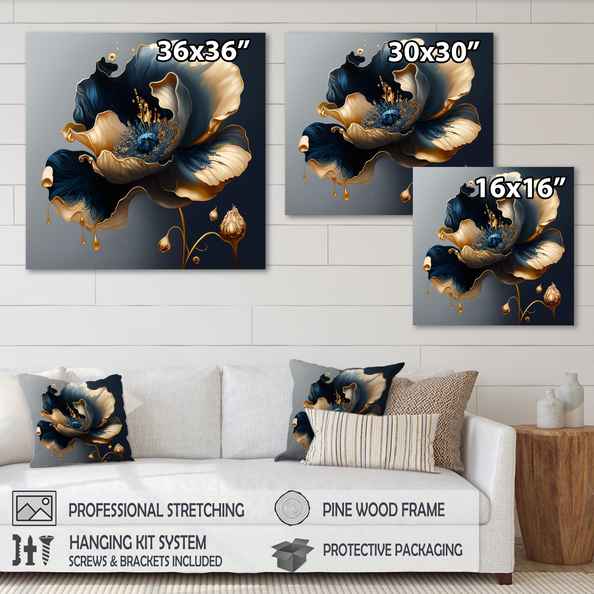 Designart Deep Blue And Gold Single Flower II Canvas Wall Art