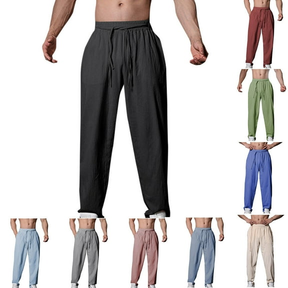 RYDCOT Men's Cotton Linen Pants Lightweight Drawstring Elastic Waist Pockets Loose Fit Straight Legs Summer Beach Yoga Wine