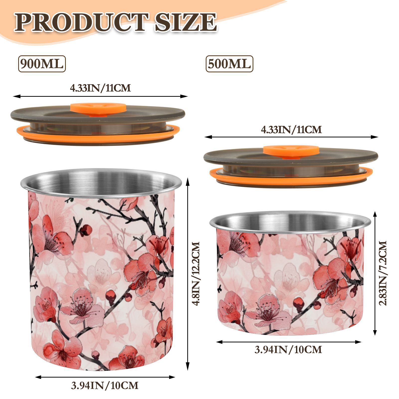 Red Cherry Blossom Floral Flowers Airtight Coffee Bean Canister 30oz Food Storage Containers with Lids For Gournd, Tea, Sugar, Flour, Rice, Cereal, Candy Cookie Jar