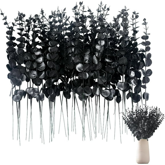 15inch Artificial Eucalyptus Stems Faux Eucalyptus Leaves Branches,Eucalyptus Stems Faux Leaves for Halloween Branches Decor Wedding Vase Bouquet Floral Arrangemen (60, Black)