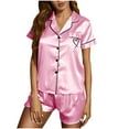 thumbnail image 3 of Ahuyic Womens Summer Plus Size Pajamas, Womens Casual Homewear Pajamas Set,Womens Solid Color Love Embroidered Button Short Sleeve Top + Loose Tie Up Waist Shorts Pajamas Set, 3 of 5