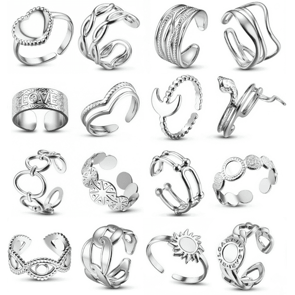 16Pcs Open Rings Set for Women Stainless Steel Cute Stackable Chunky Silver Rings Finger Rings Birthday Anniversary Party Jewelry Gift
