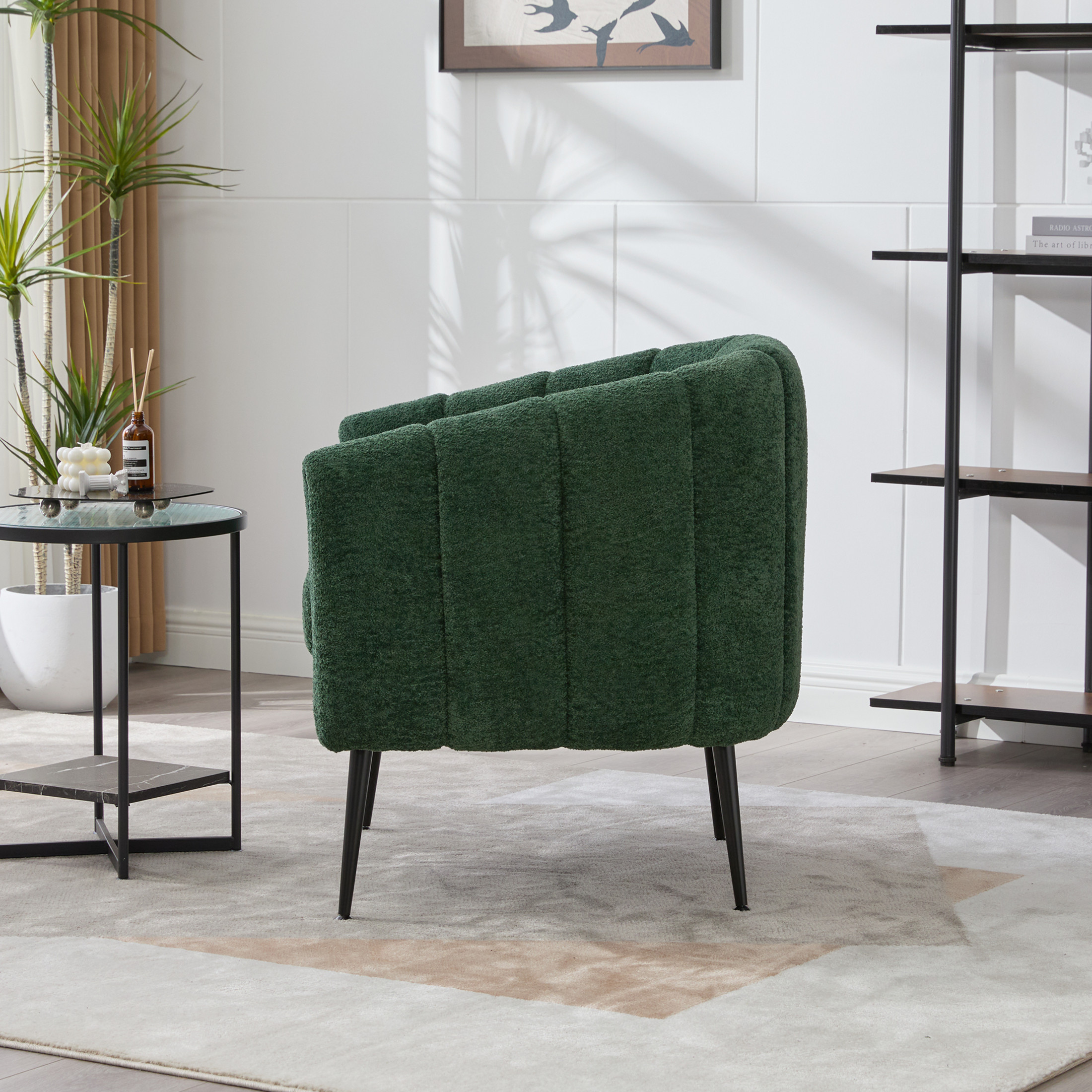 Noble House Solval 29.9" Chenille Barrel Accent Chair, Channel Tufted Lounge Chair with Metal Legs, Living Room, Green