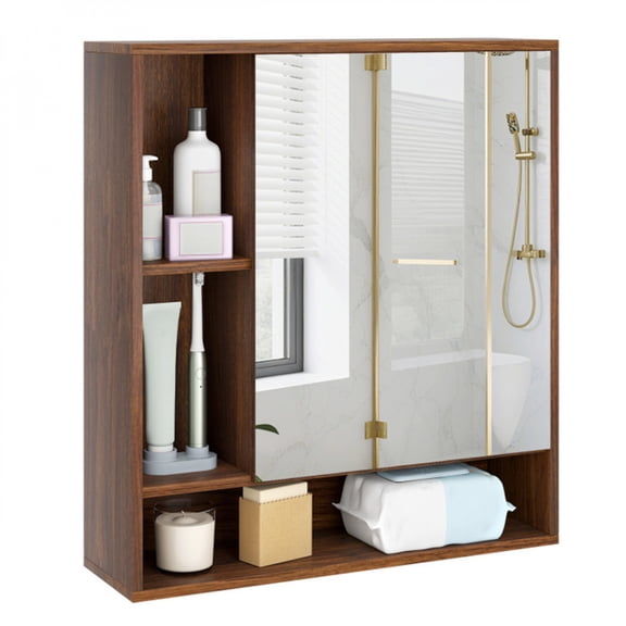 2 in 1 Mirrored Bathroom Wall Cabinet Space Saving Medicine Cabinet with Hidden Storage Adjustable Shelves Walnut