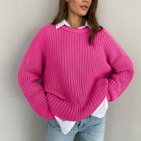 Guieoi Womens Sweaters 2025 Womens Sweaters Clearance Sweater 2025 New Loose Round Neck Solid Color Long Sleeve Lazy Style Knitted Sweater Pink Black*Friday/Cyber*Monday Clearance