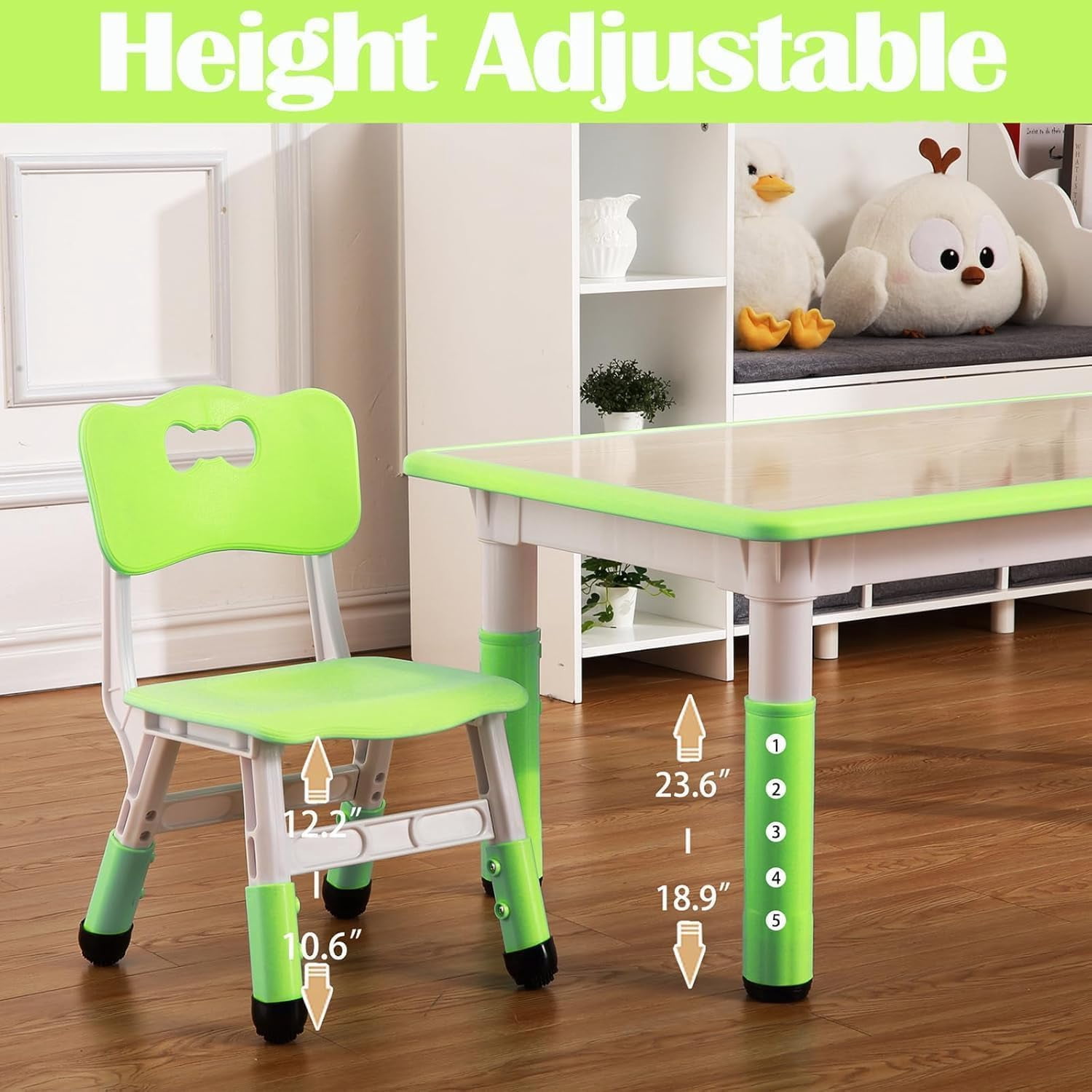 Zzistar Kids Table and 6 Chairs Set, Height Adjustable Arts & Crafts Table with Graffiti Desktop, Non-Slip Legs,Ideal for Ages 2-10