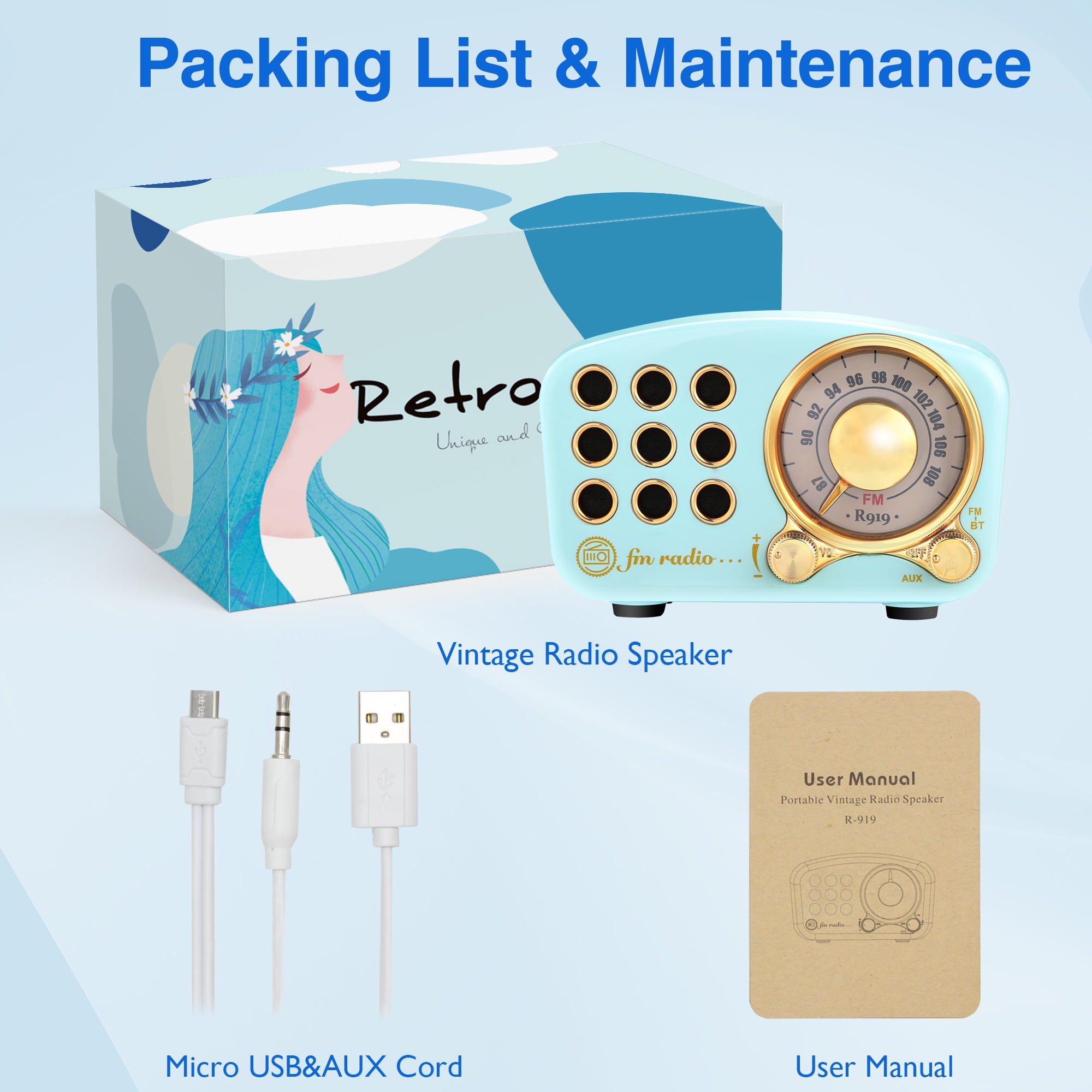 Greadio 919B Bluetooth Portable Battery-Powered FM Radio with Volume Control, Little, Blue, Parties