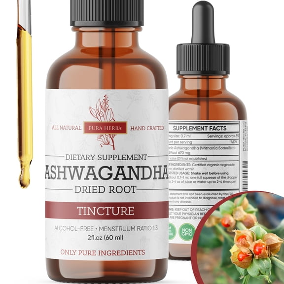 Pura Herba Organic Ashwagandha Liquid Drops, Ashwagandha Root Tincture, Ashwagandha Extract Herb Supplements - 2 Fl Oz