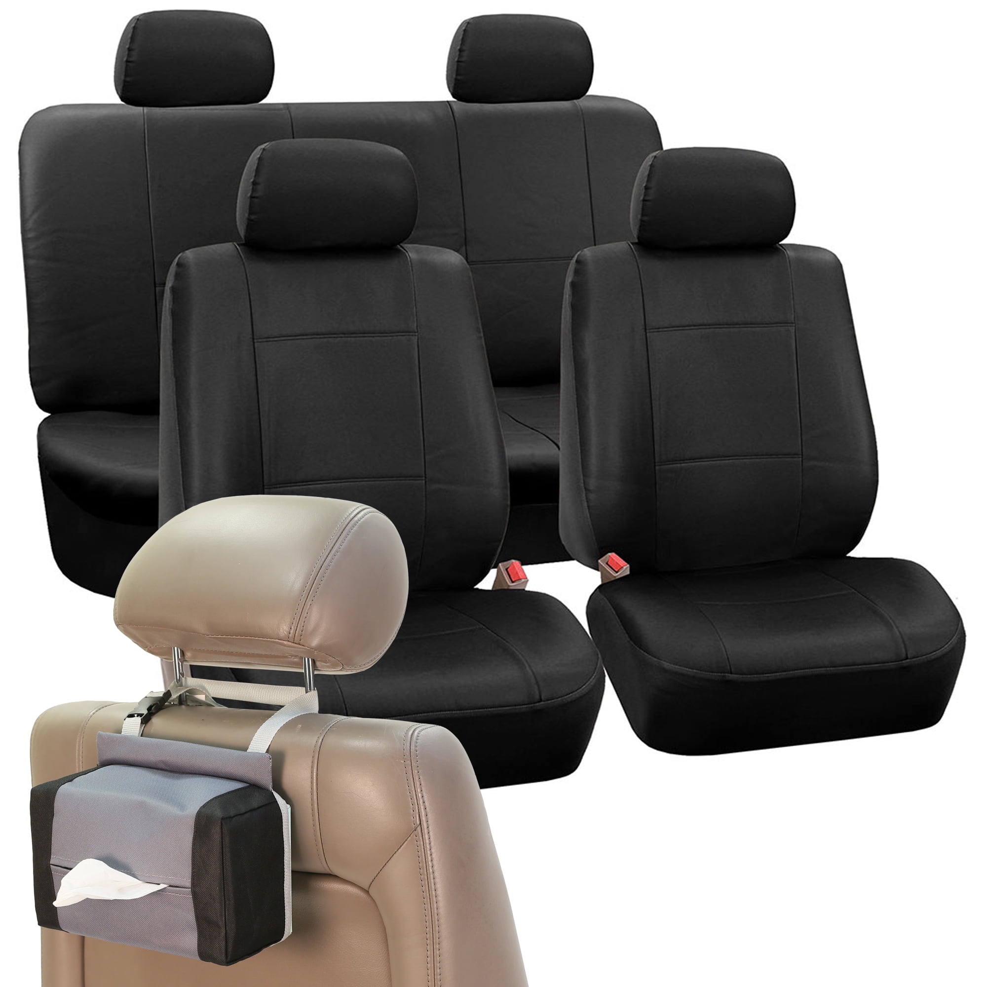 PU Leather Car Seat Covers for Auto, PU Leather Full Seat Cover set with Tissue Dispenser, Black