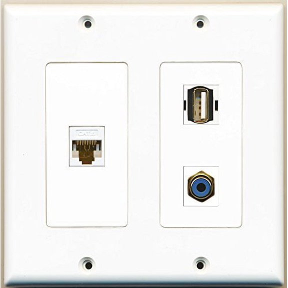RiteAV - 1 Port RCA Blue 1 Port USB A-A 1 Port Cat6 Ethernet White - 2 Gang Wall Plate