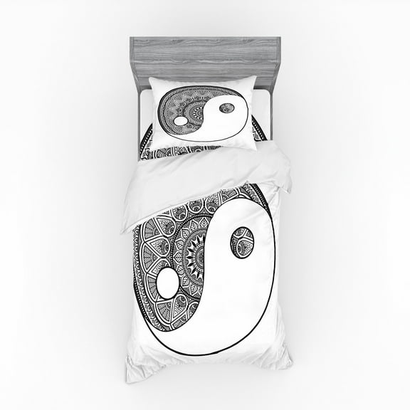 Ambesonne Mandala Bedding Set 3 Pcs, Traditional Ying Yang Sign, Twin, Black and White