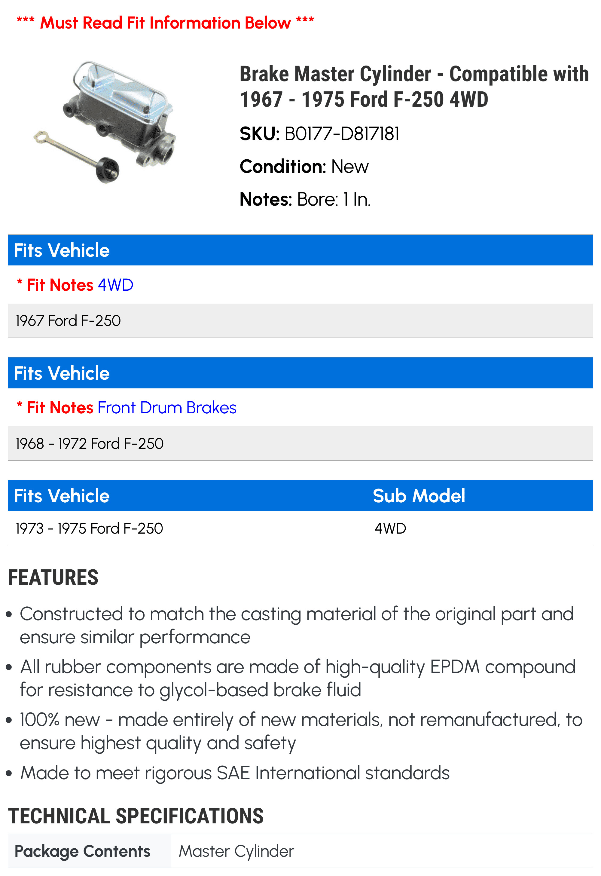 Brake Master Cylinder - Compatible with 1967 - 1975 Ford F-250 4WD 1968 1969 1970 1971 1972 1973 1974