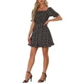 thumbnail image 2 of Vestido Floral con Mangas Abullonadas y Cuello Corazón para Mujer, con Volantes en el Dobladillo, Negro-Rojo Floral, 2 of 6